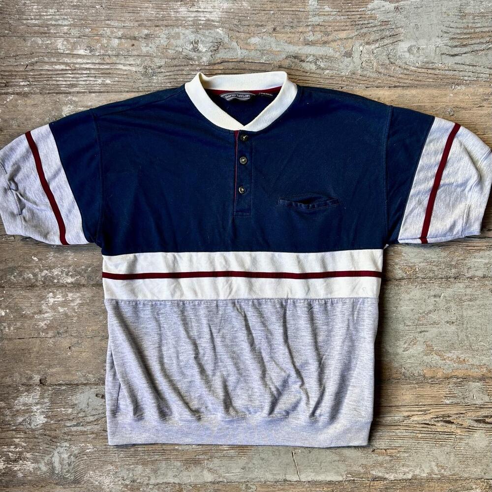 Vintage 90s Men’s David Taylor Navy Gray Maroon Striped Henley - Size L